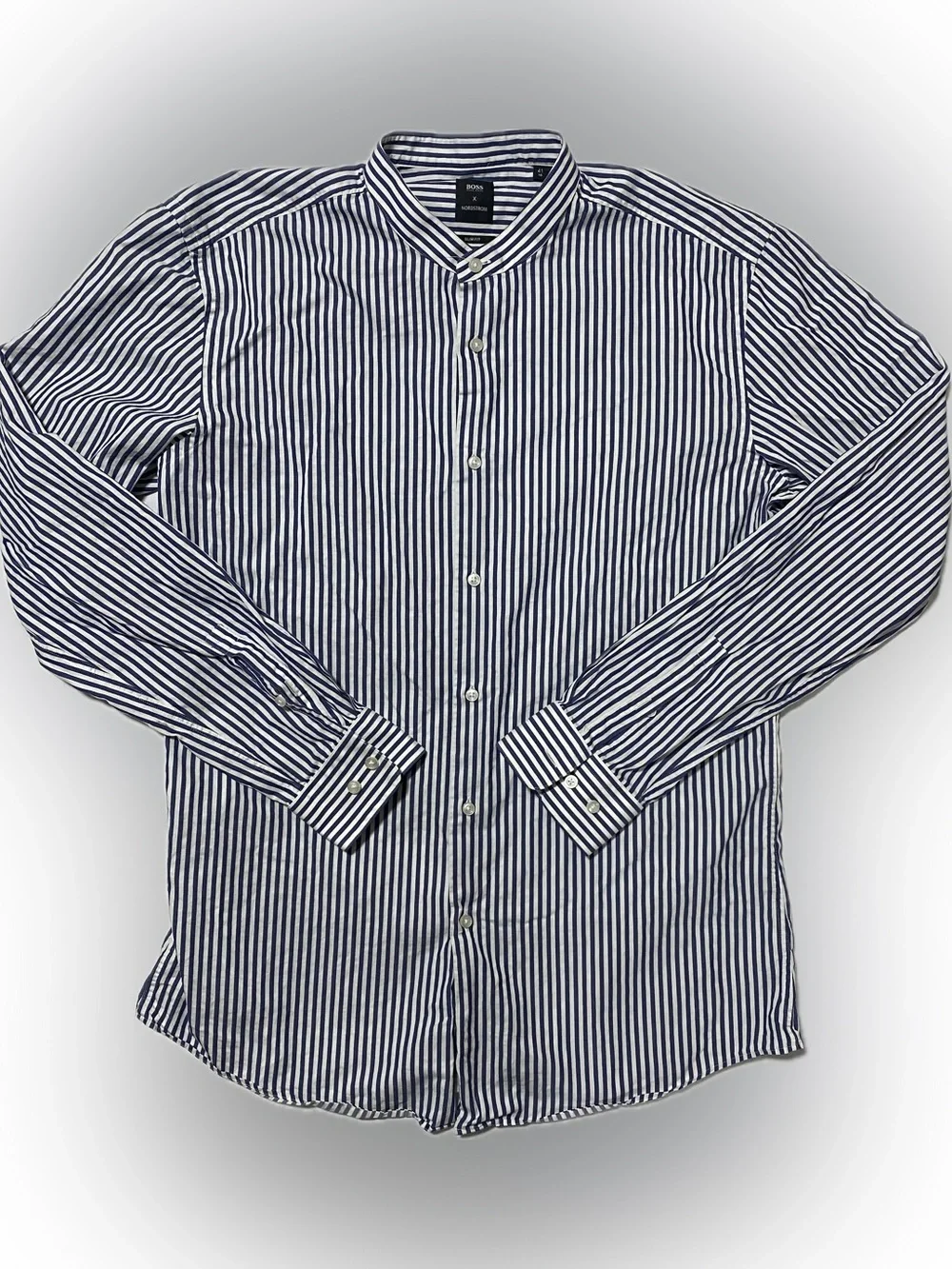 Hugo Boss Navy & White Striped Stand-Collar Dress Shirt